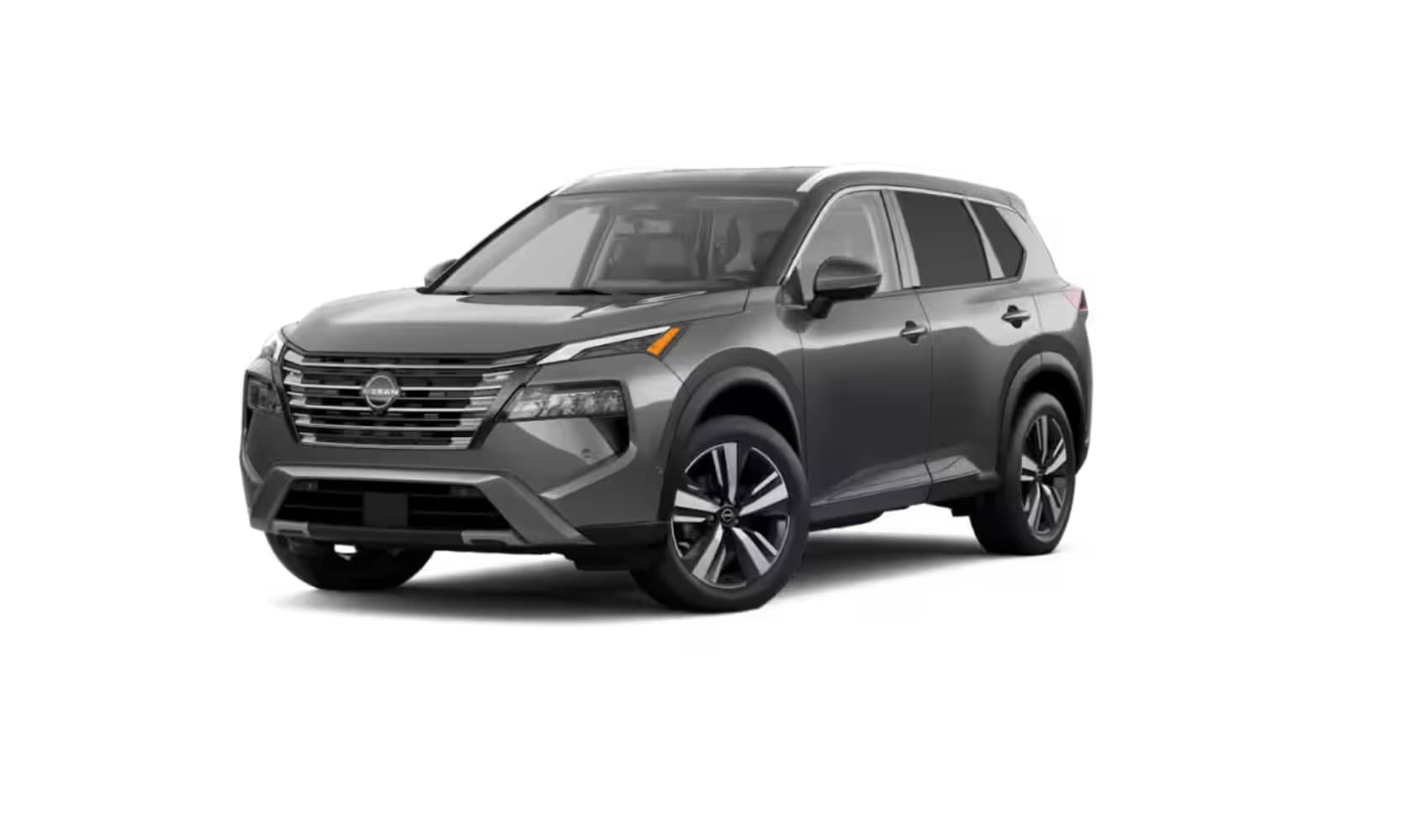 Exterior image of a dark gray 2025 Nissan Rogue SL parked on a white background