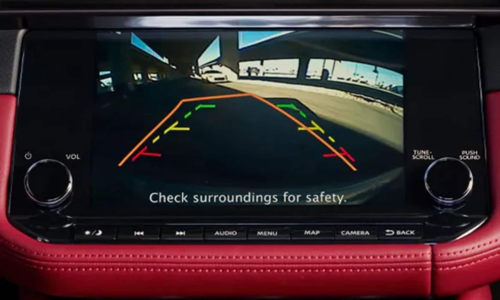 Close-up image of the 2025 Nissan Z's Rear View Monitor camera system with rear views of the car parking