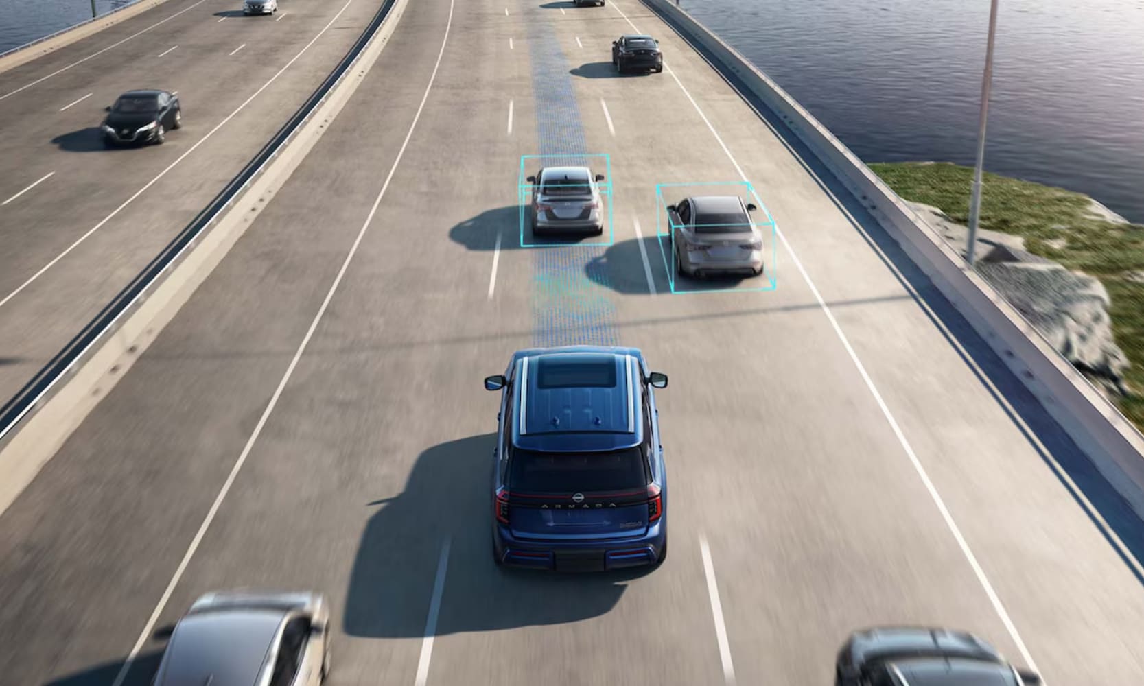 Bird's eye view image of a blue 2025 Nissan Armada driving on an open highway with cars and the following distance indicator safety feature rendered