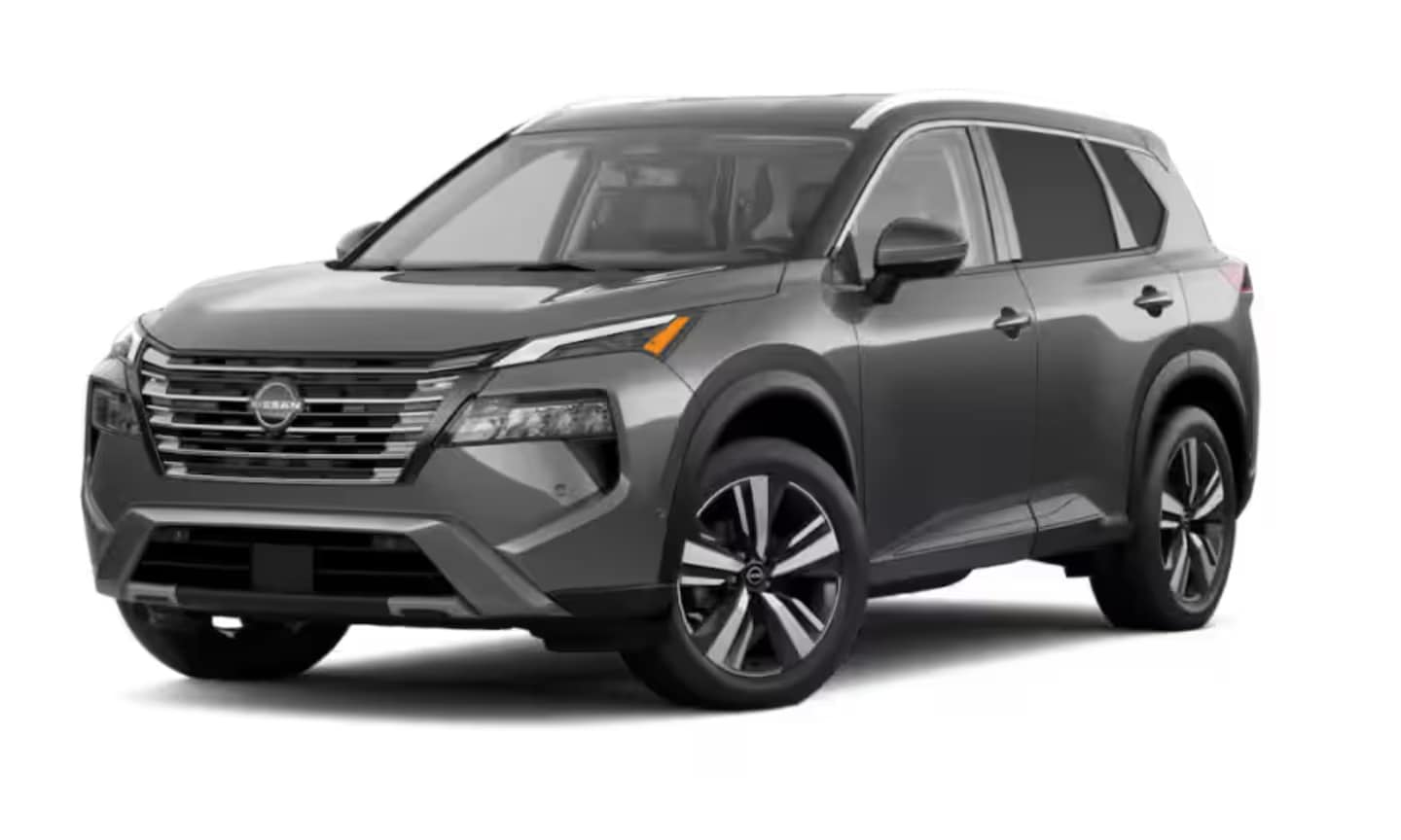 Exterior front image of a dark gray 2025 Nissan Rogue SL parked on a white background