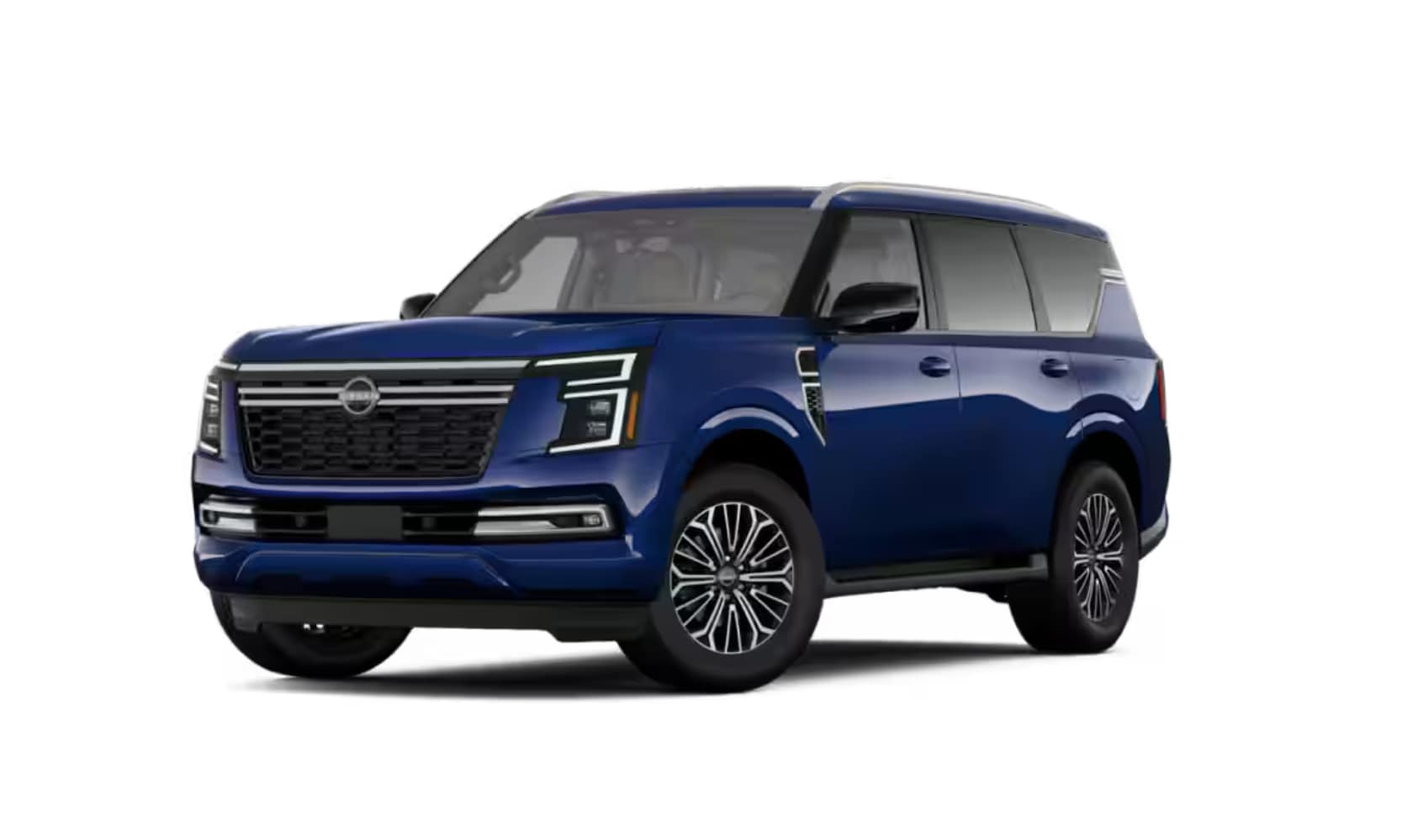 Exterior side angle image of a dark blue 2025 Nissan Armada Platinum parked on a white background