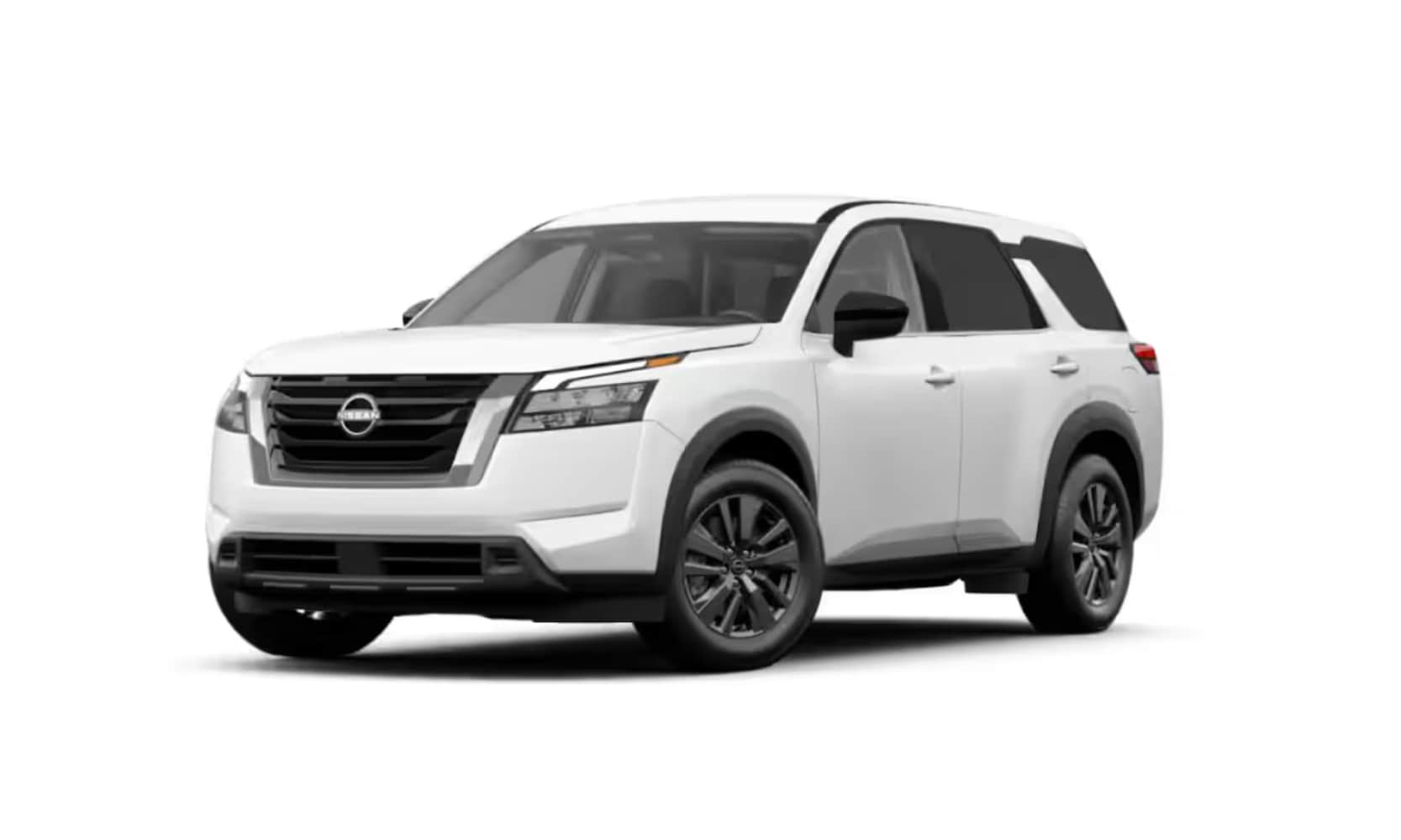 Exterior front image of a white 2025 Nissan Pathfinder S parked on a white background