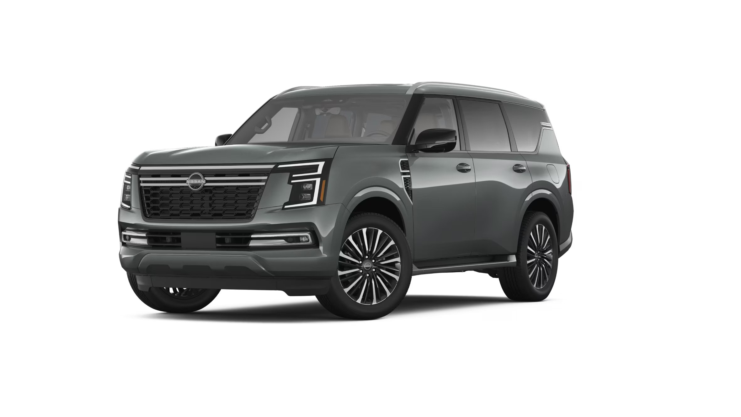 Exterior front image of a light green 2025 Nissan Armada Platinum parked on a white background