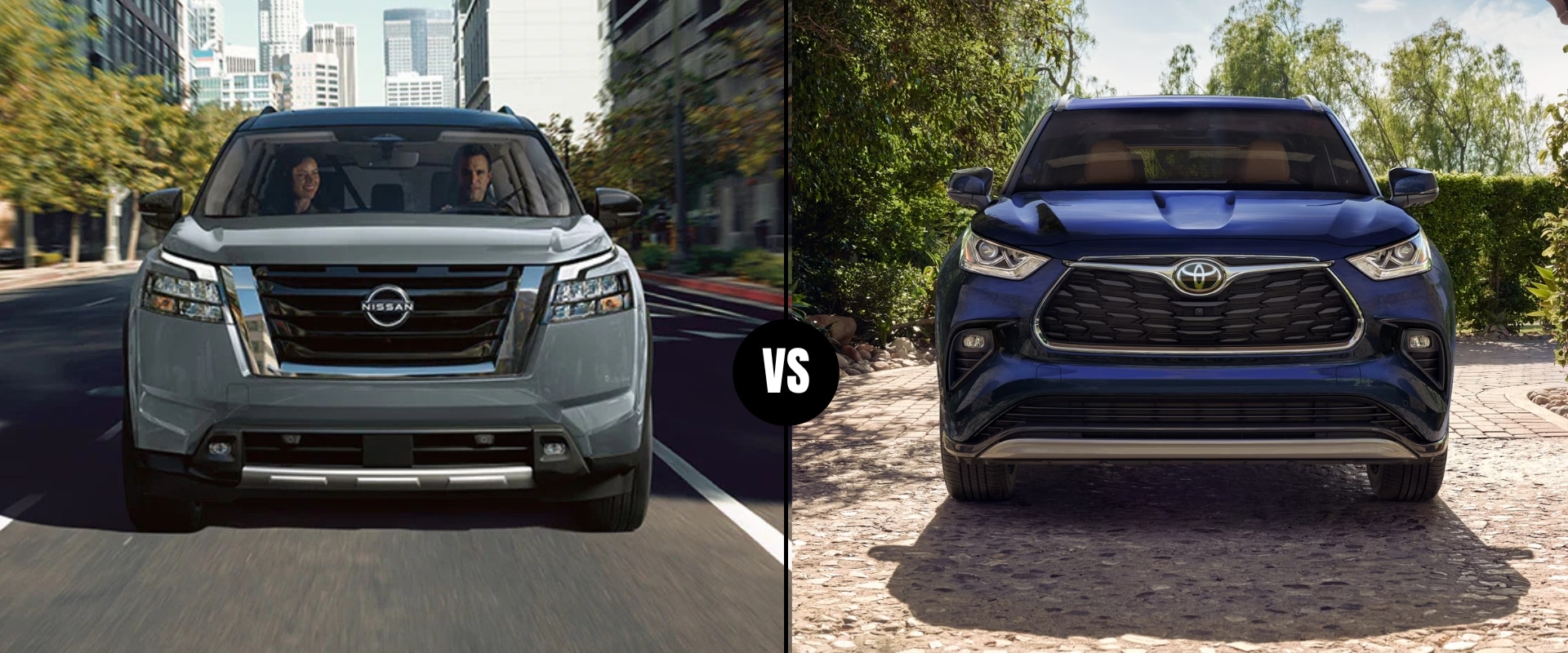 A side-by-side comparison graphic of the 2025 Nissan Pathfinder vs. 2025 Toyota Highlander