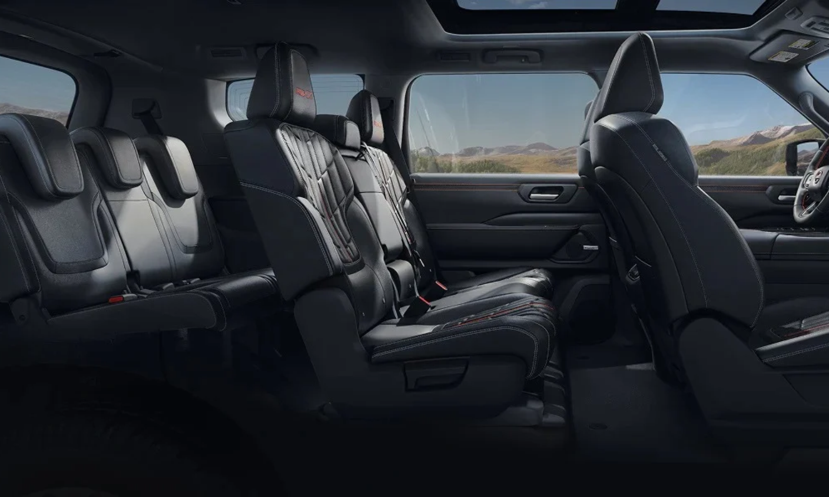 Image of the 2027 Nissan Armada's eight-passenger seating model in a black interior