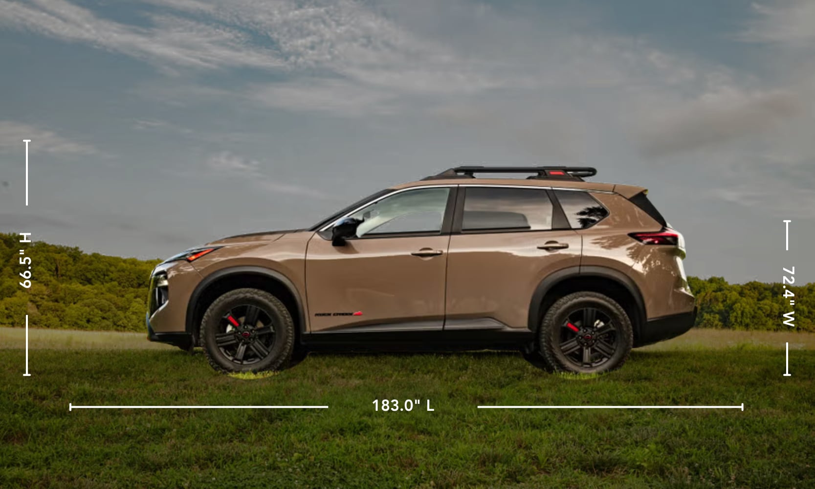 Graphic of a light brown 2025 Nissan Rogue Rock Creek Edition with its exterior dimensions displayed