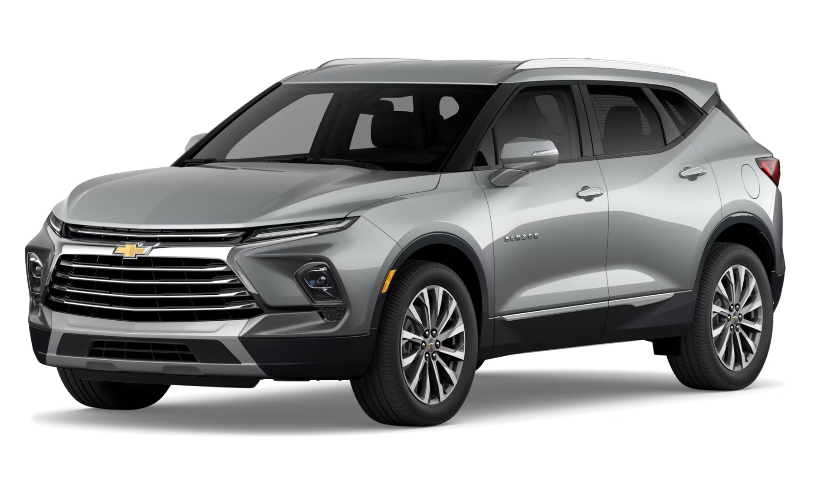 Exterior image of a silver 2024 Chevy Blazer Premier with black accents parked on a white background