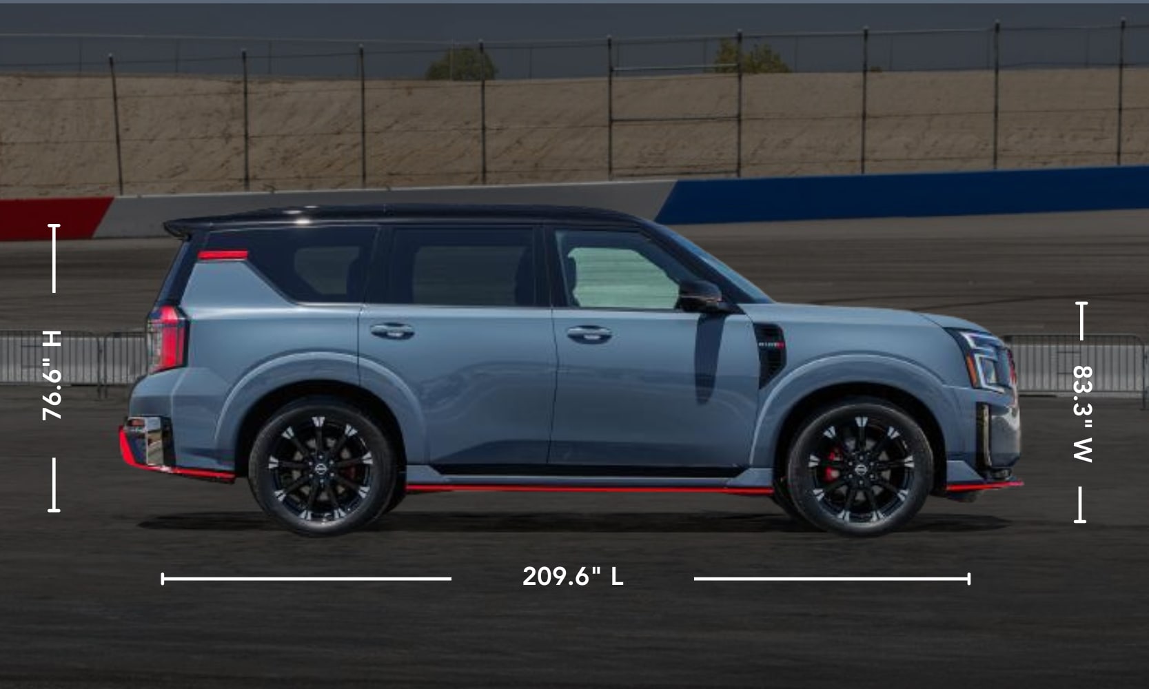 Exterior side image graphic of a 2026 Nissan Armada NISMO parked on a racetrack with its dimensions displayed
