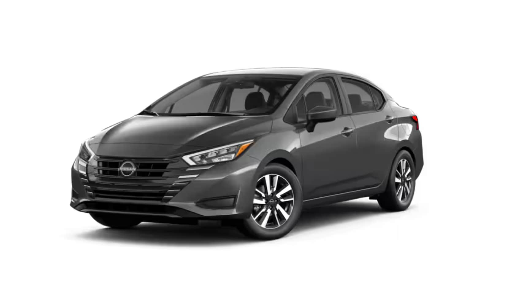 Exterior front angle image of a dark gray 2025 Nissan Versa SV parked on a white background