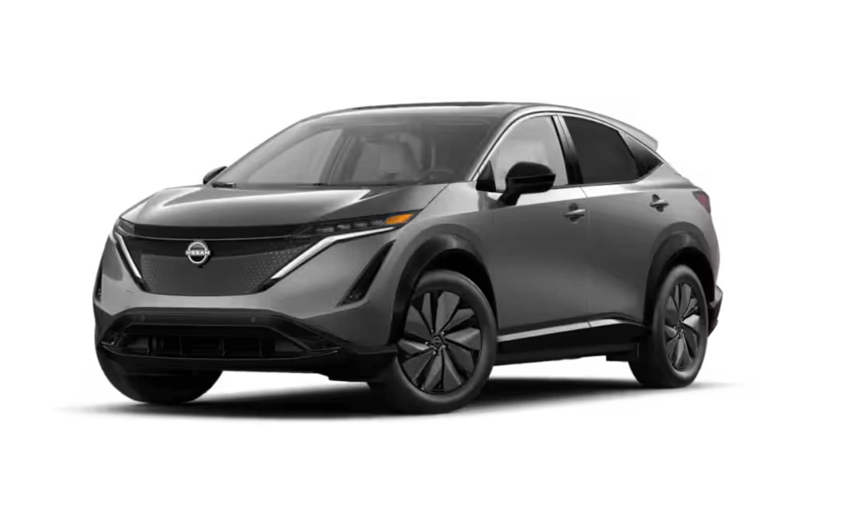 Exterior side angle image of a black 2025 Nissan ARIYA EVOLVE+ parked on a white background