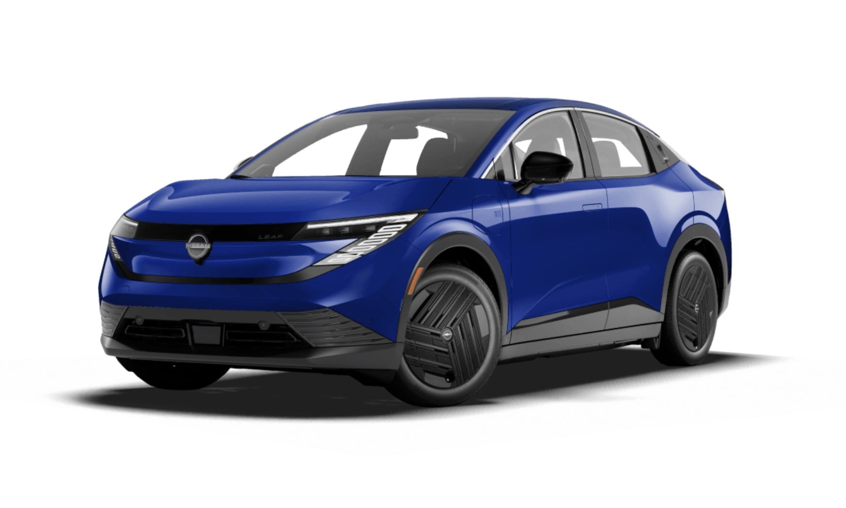 Exterior front side angle image of a blue 2026 Nissan LEAF S+ parked on a white background