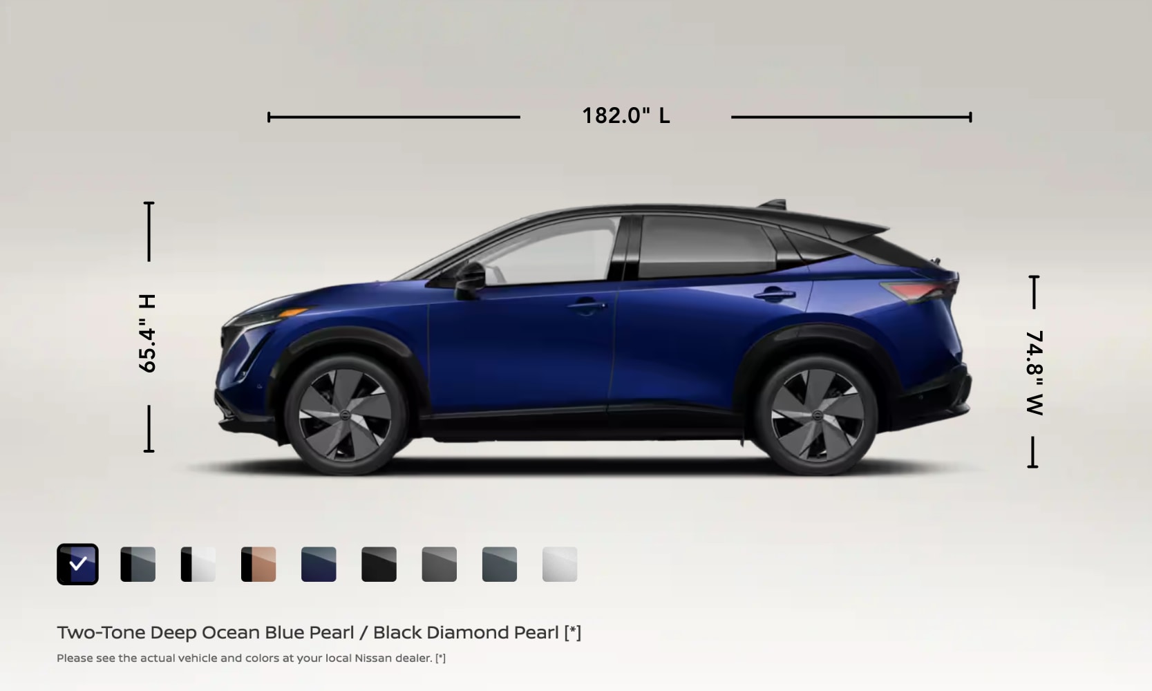 Side image graphic of a dark blue 2025 Nissan ARIYA exterior colors and dimensions displayed