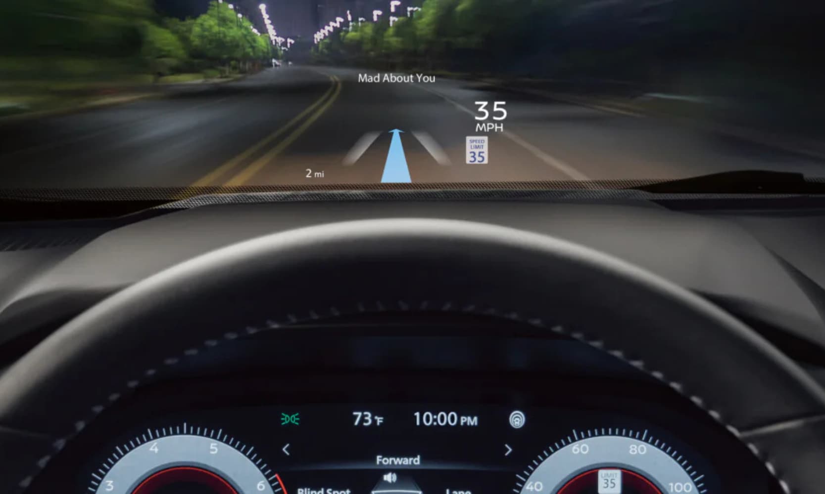 Closeup interior image of the 2025 Nissan Rogue head-up display on the windshield