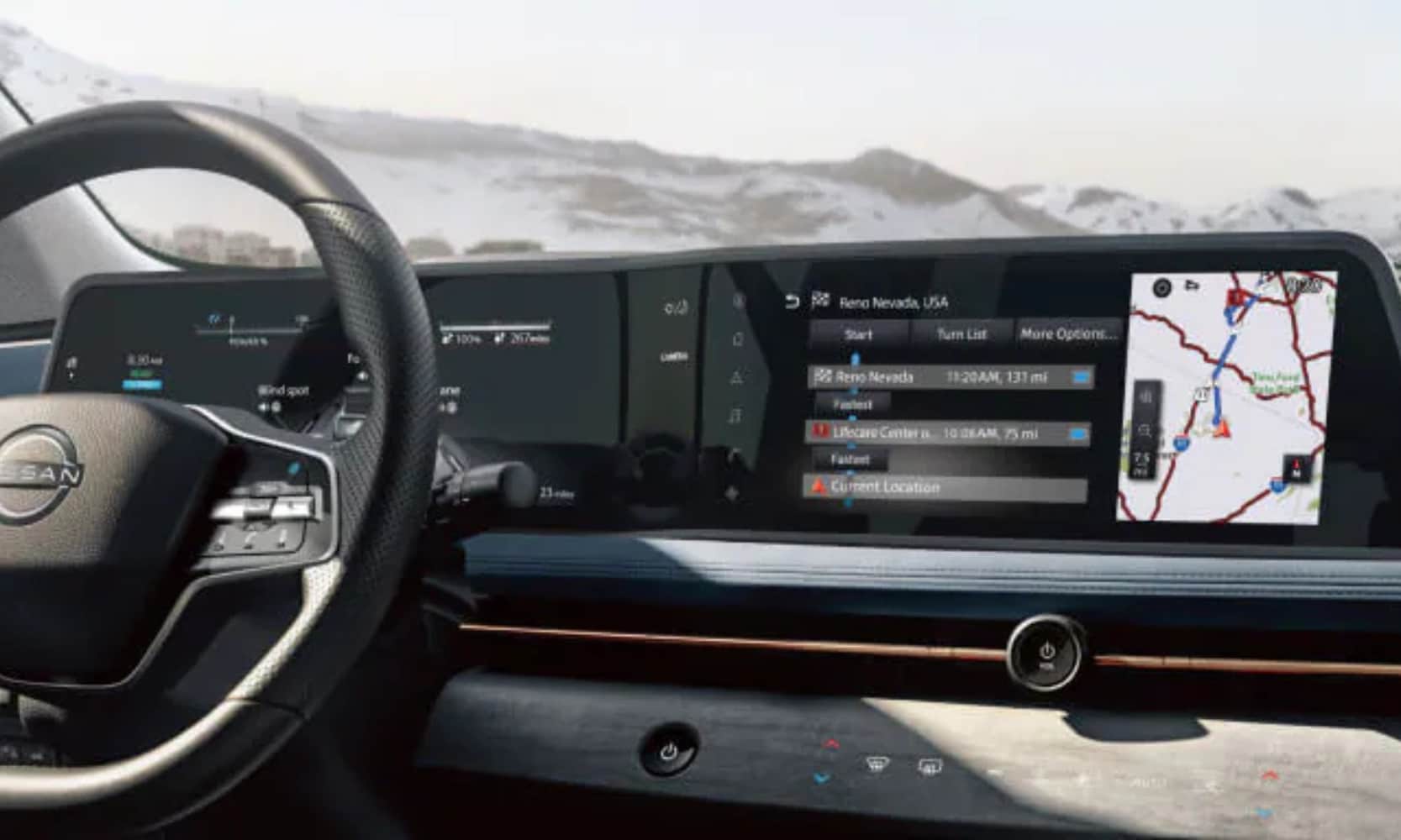 Closeup image of the 2025 Nissan ARIYA dashboard infotainment system with snowy mountain views
