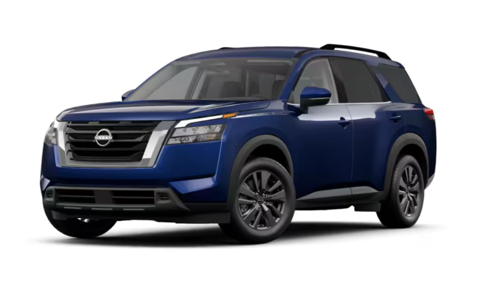 Exterior front side angle image of a blue 2025 Nissan Pathfinder SV parked on a white background