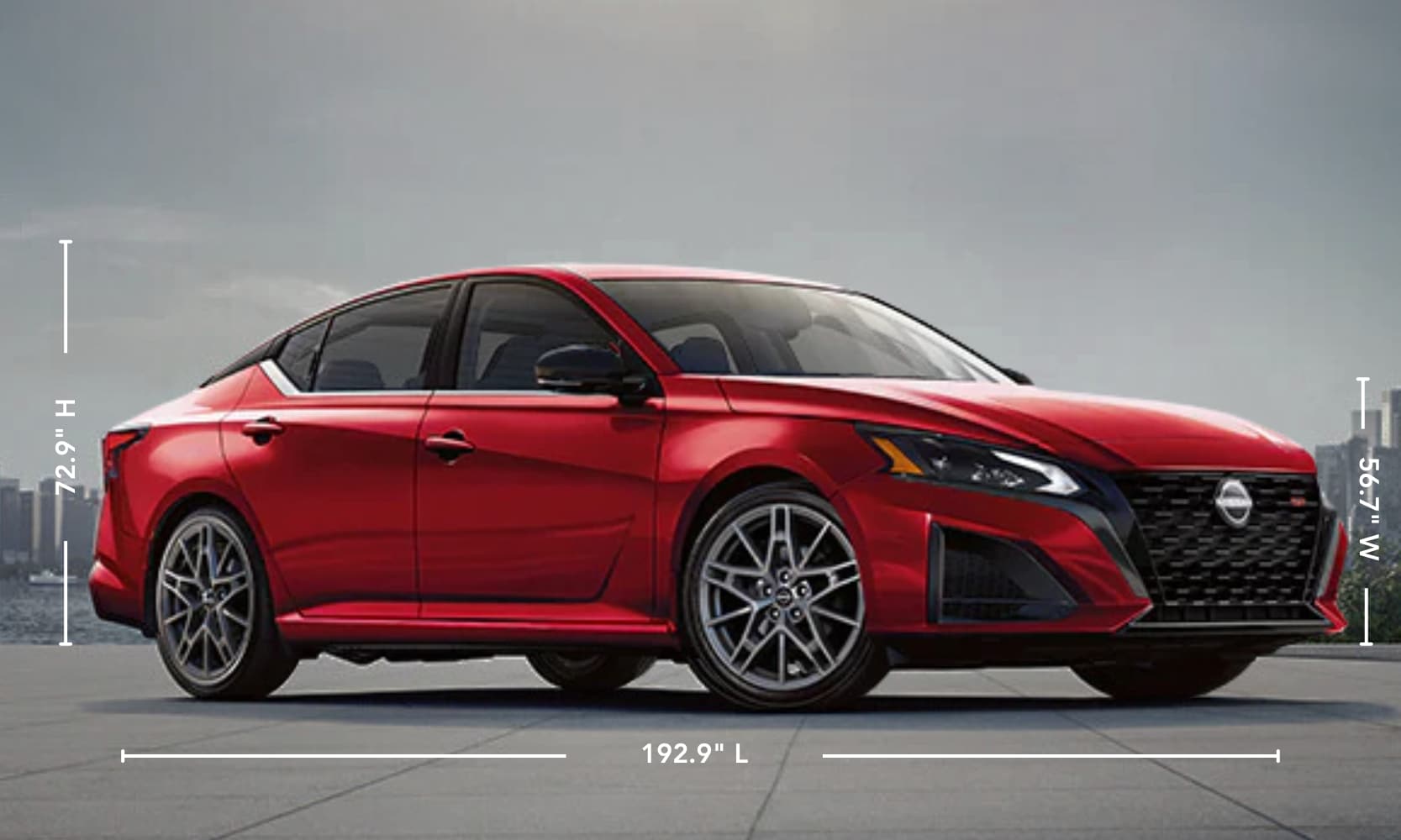 Exterior side image graphic of a red 2026 Nissan Altima parked in a cityscape environment with its specs displayed