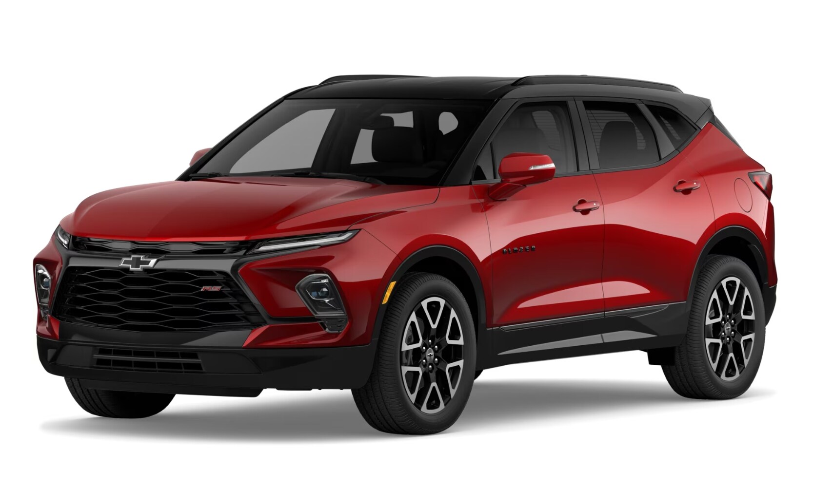 Exterior image of a red 2024 Chevy Blazer RS with black accents parked on a white background