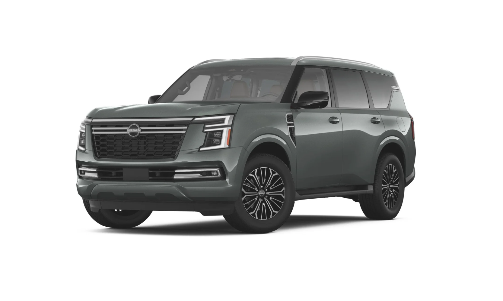 2027 Nissan Armada Platinum _ Nissan of Silsbee TX.png Exterior image of a dark green 2027 Nissan Armada Platinum parked on a white background