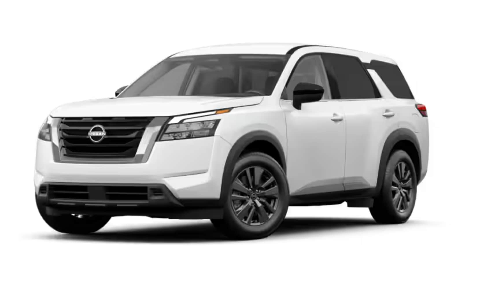 Exterior front side angle image of a white 2025 Nissan Pathfinder S parked on a white background