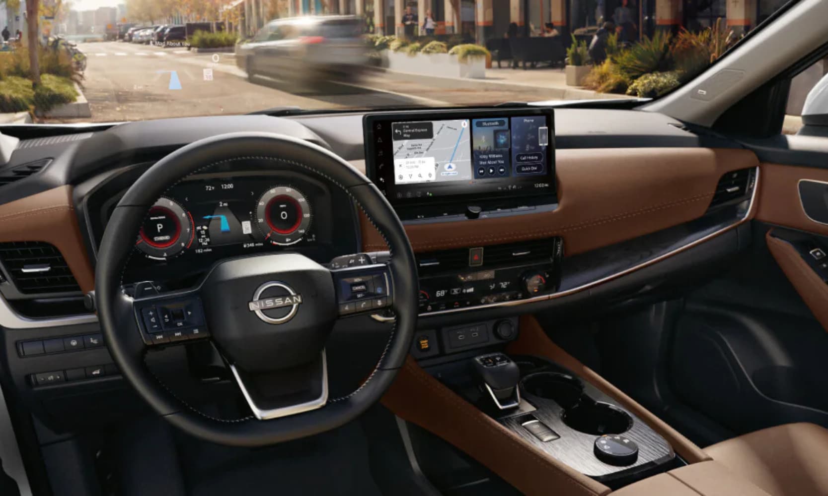 Interior image of the 2025 Nissan Rogue front seating area and dashboard on a city street
