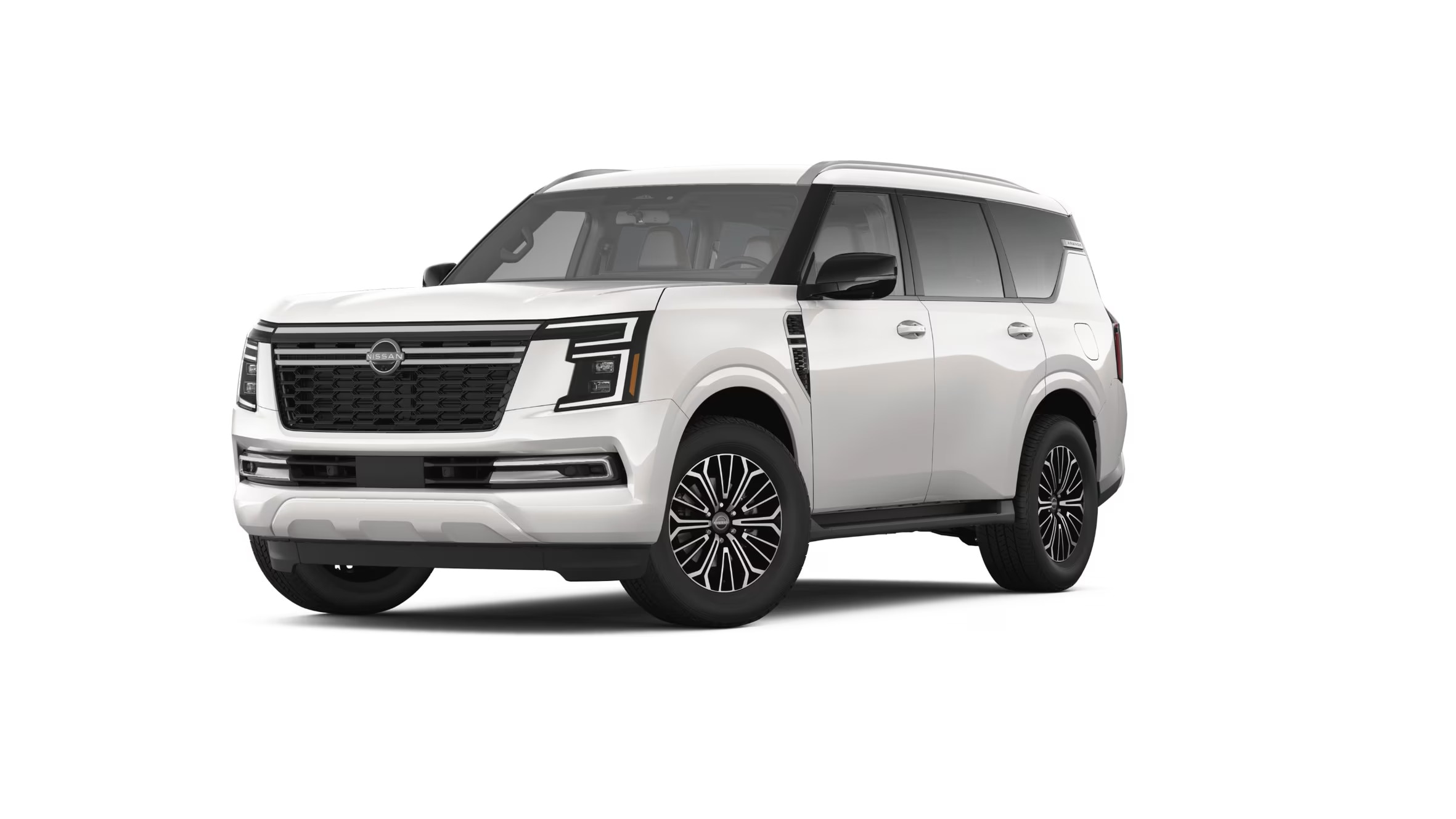 Exterior front image of a white 2025 Nissan Armada SL parked on a white background