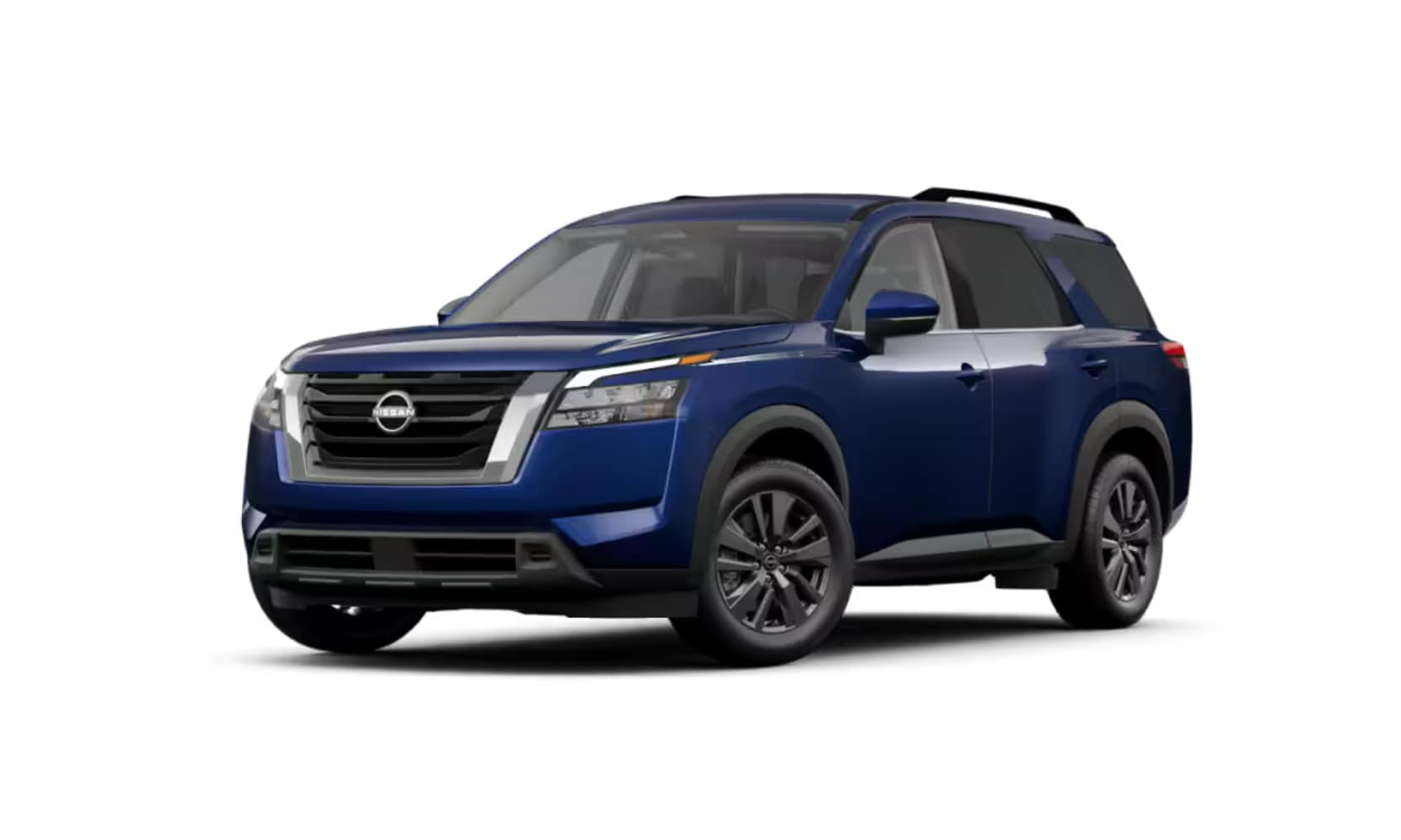 Exterior image of a dark blue 2025 Nissan Pathfinder SV parked on a white background