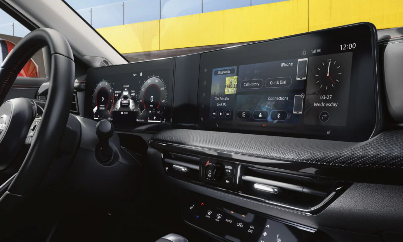 Close-up interior image of the 2026 Nissan Kicks infotainment system