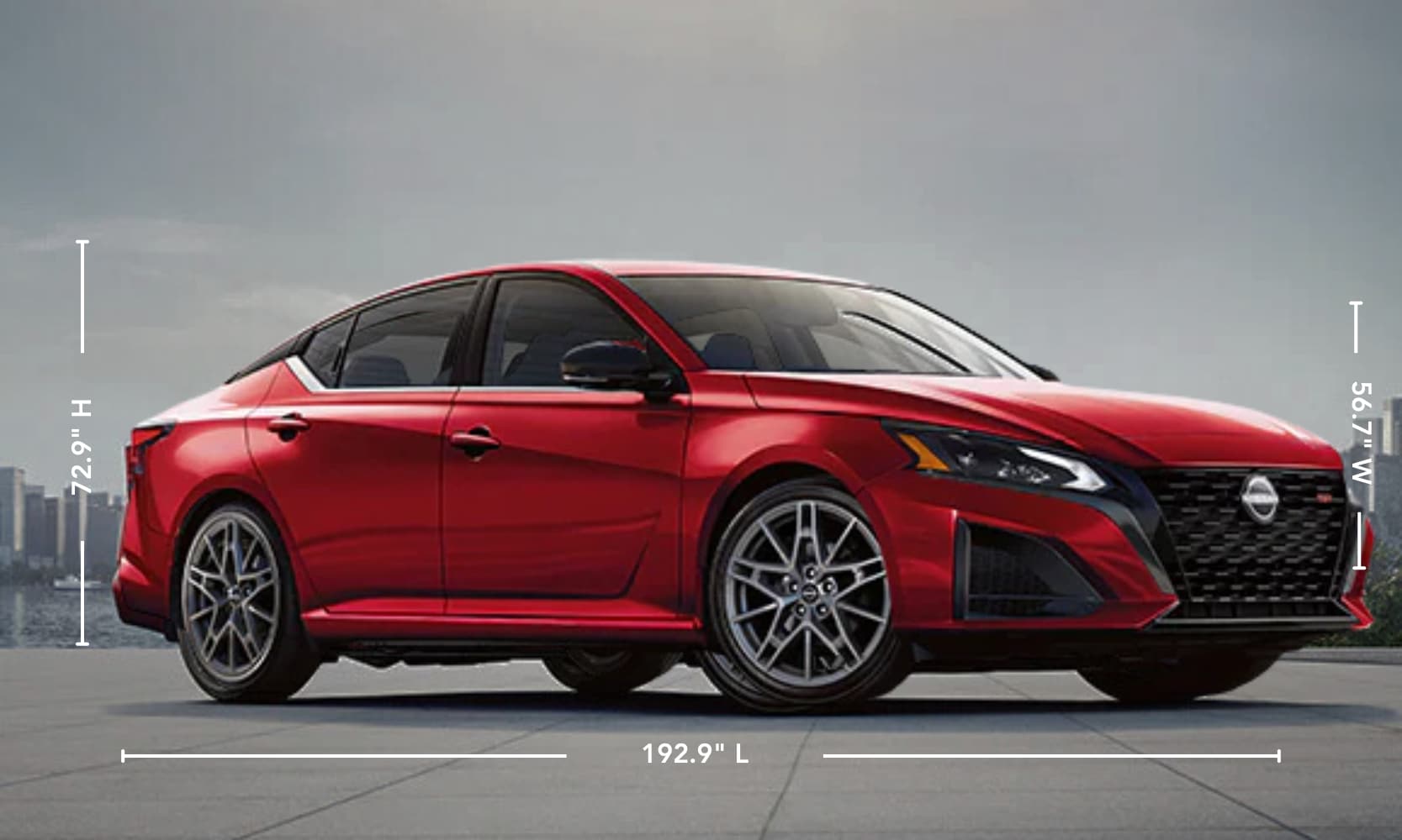 Graphic of a red 2025 Nissan Altima exterior dimensions parked with a cityscape background during the day
