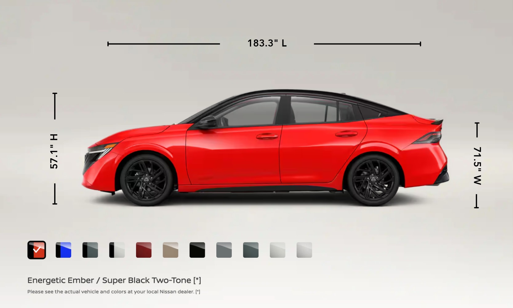 Screenshot a red 2027 Nissan Sentra from the Nissan website with its color options and exterior specs displayed