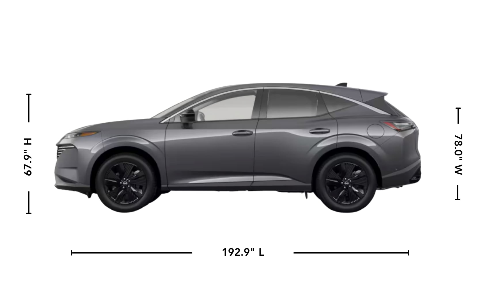 Exterior side image graphic of a gray 2025 Nissan Murano with its specs displayed on a white background