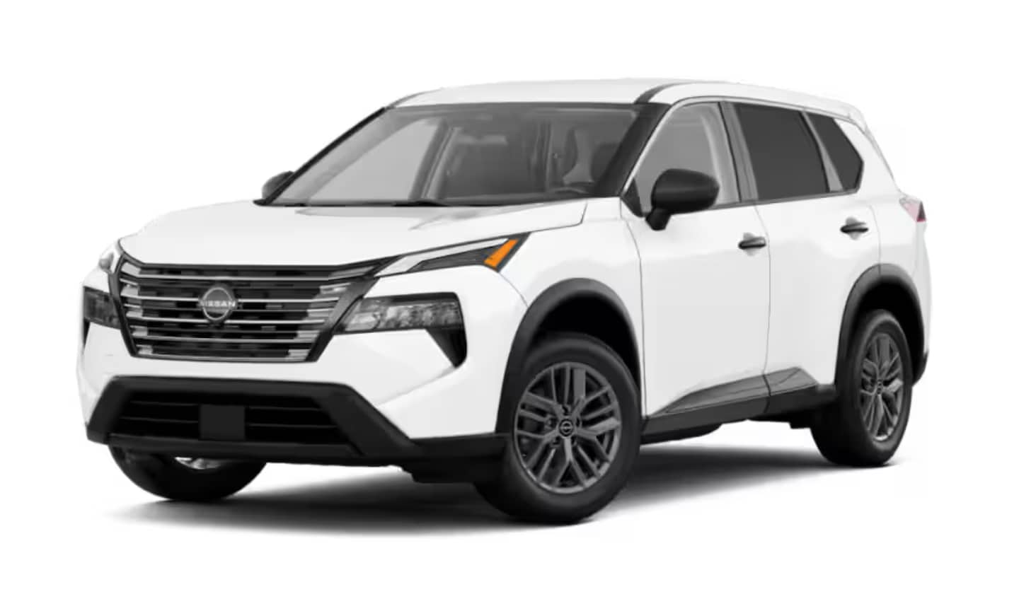 Exterior front image of a white 2025 Nissan Rogue S parked on a white background
