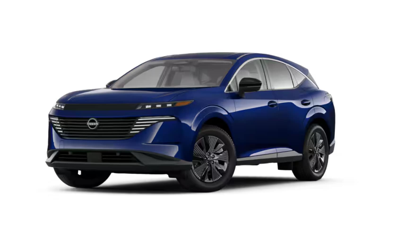 Exterior front side angle image of a dark blue 2025 Nissan Murano SL parked on a white background