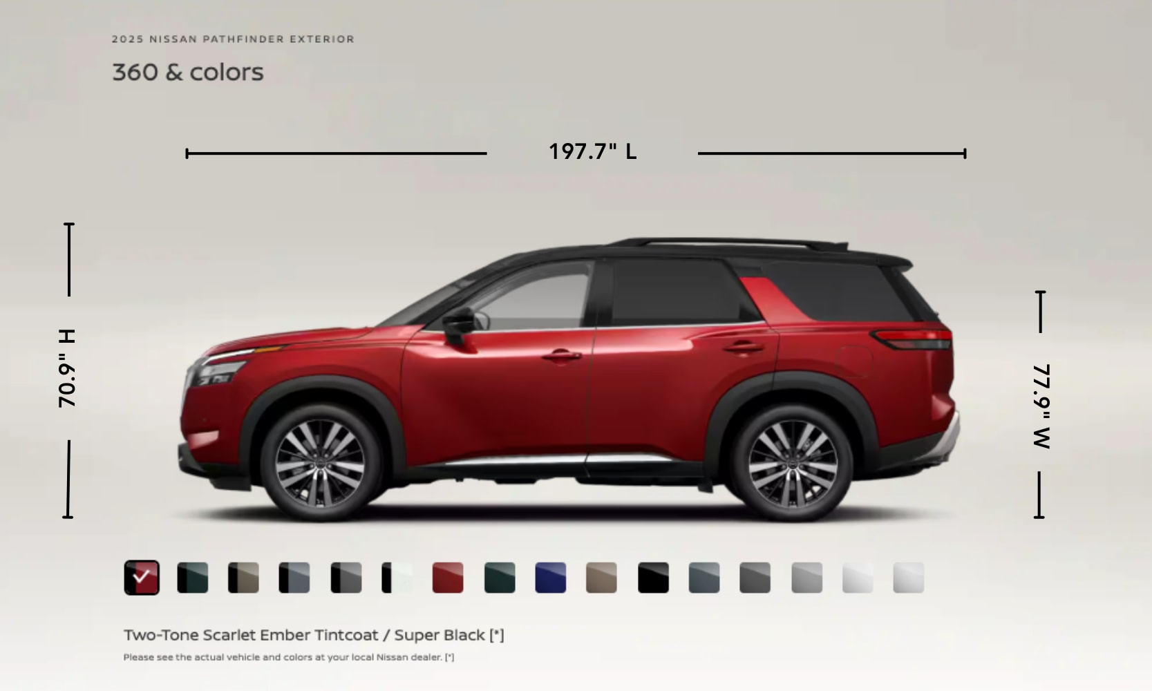 Exterior side image graphic of a red 2025 Nissan Pathfinder with its color options and specs displayed