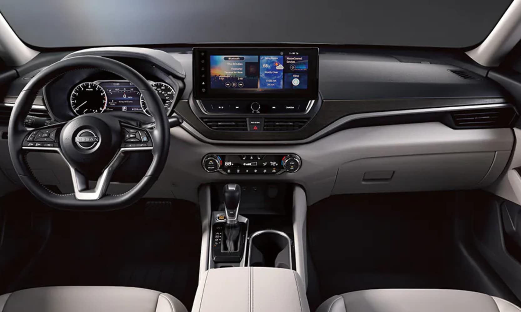 Interior image of a 2026 Nissan Altima white and gray front seating area and infotainment system