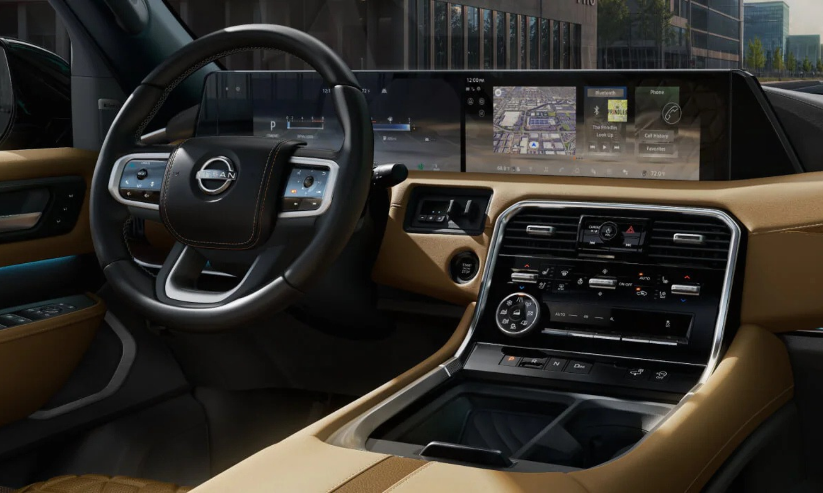 Image of the 2027 Nissan Armada's dual infotainment displays with tan cabin accents