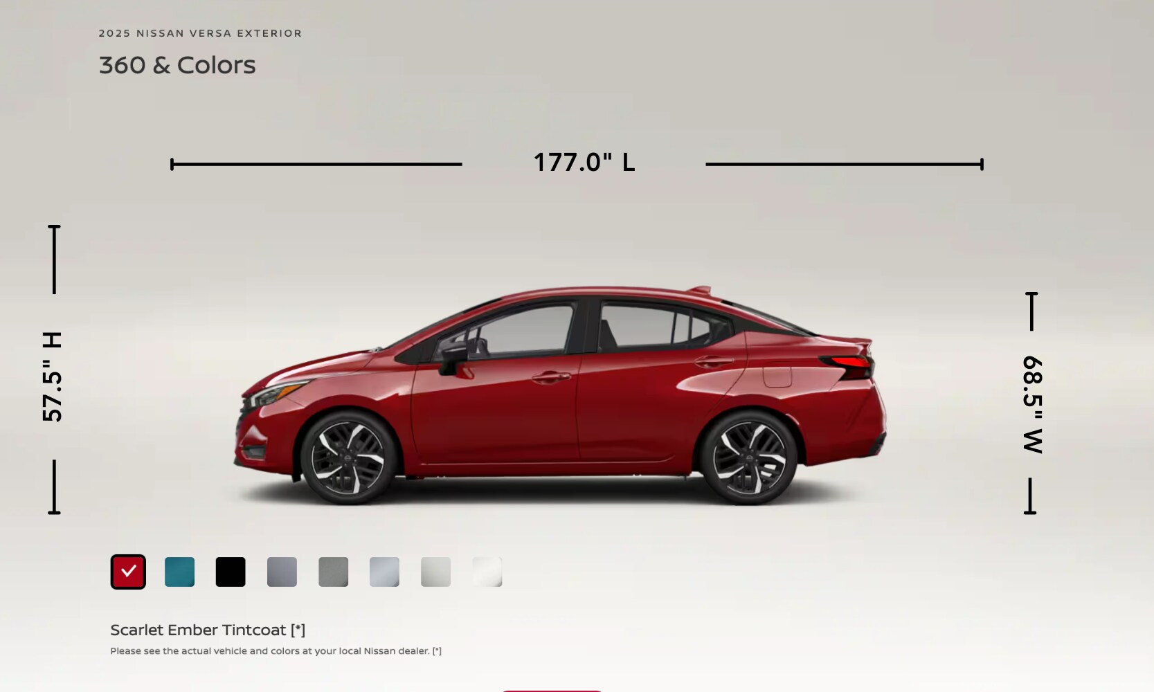 Exterior side image graphic of a red 2025 Nissan Versa's paint colors with all options shown