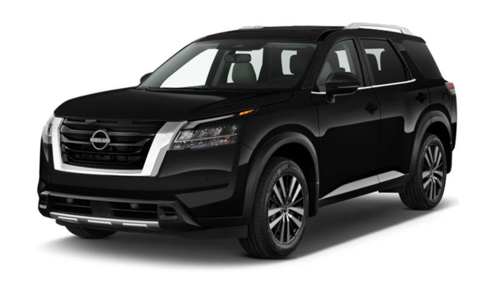 Exterior front angle image of a black 2023 Nissan Pathfinder SV parked on a white background