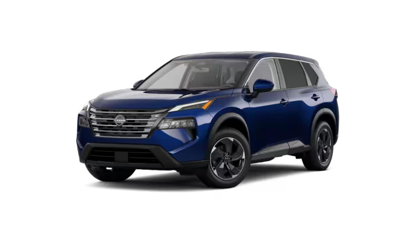 Exterior image of a dark blue 2025 Nissan Rogue SV parked on a white background