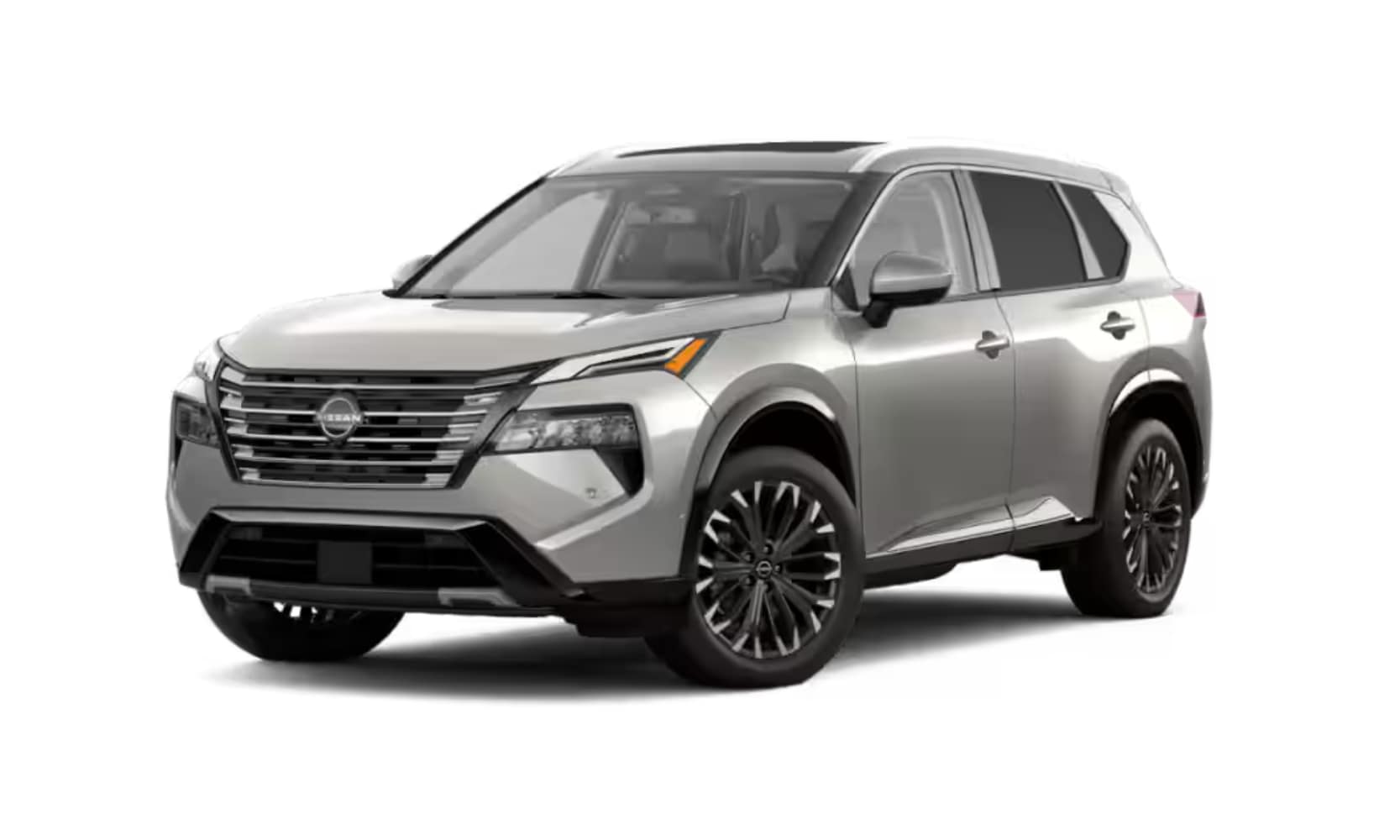 Exterior image of a light gray 2025 Nissan Rogue Platinum parked on a white background