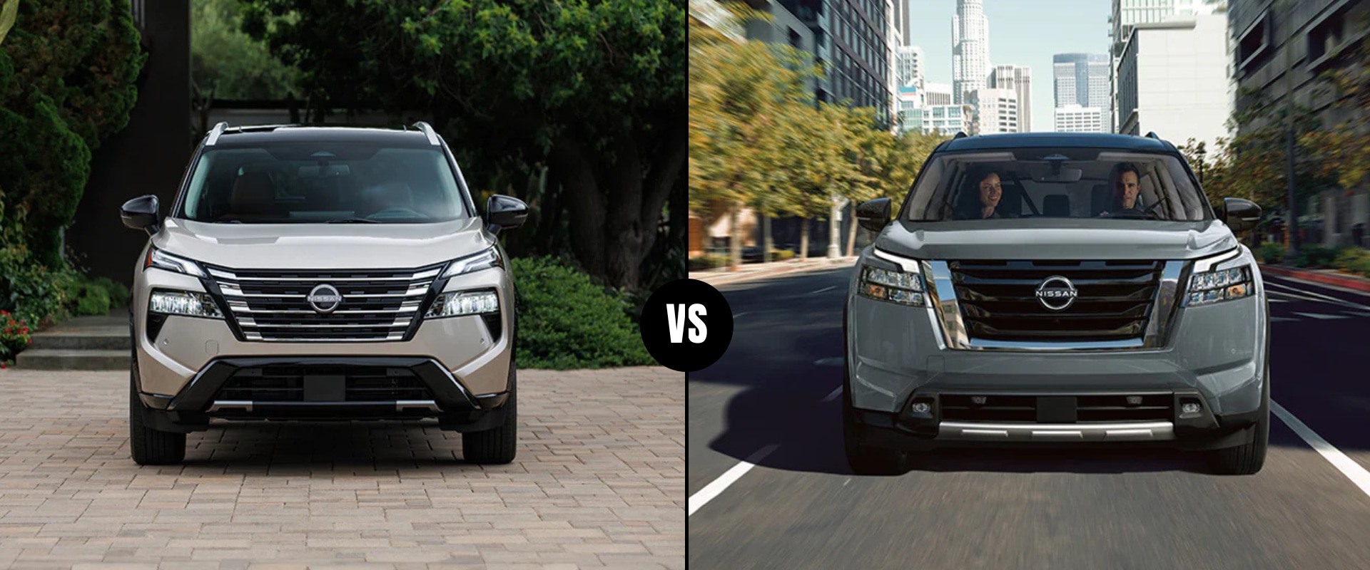 Image side-by-side graphic of a 2025 Nissan Rogue vs 2025 Nissan Pathfinder