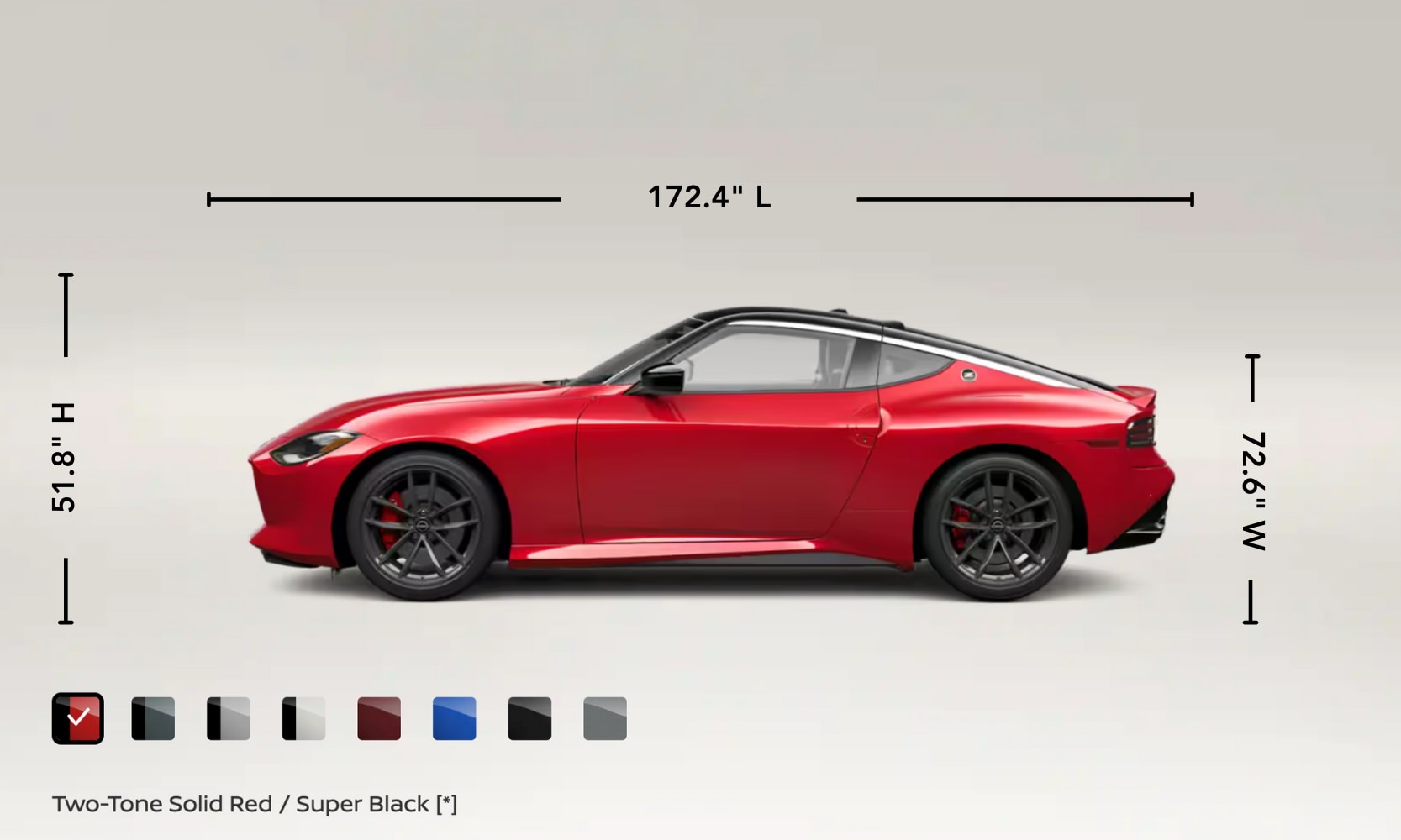 Side image graphic of a red 2025 Nissan Z's paint options and exterior dimensions displayed
