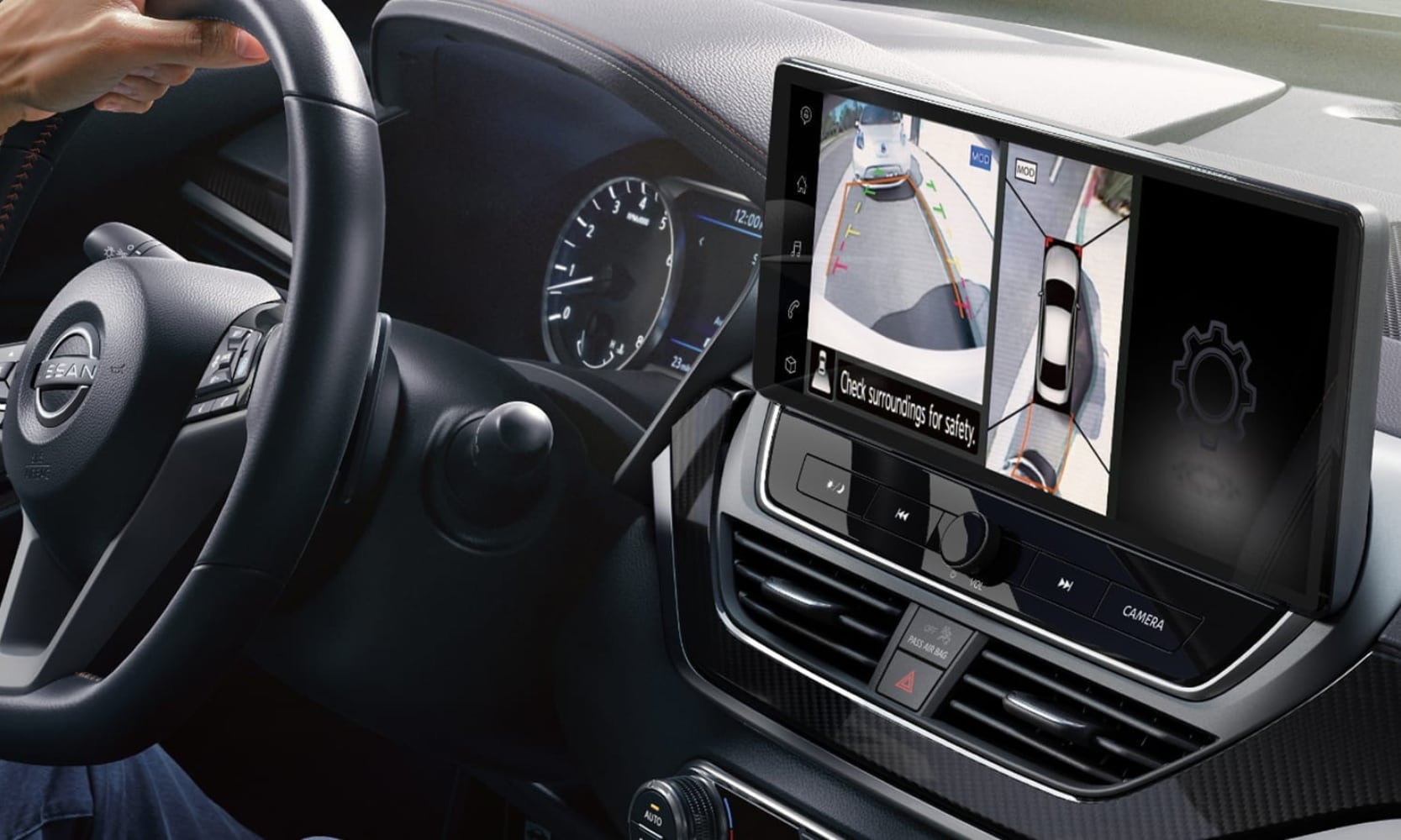 Interior image of the 2026 Nissan Altima camera system with surrounding car views