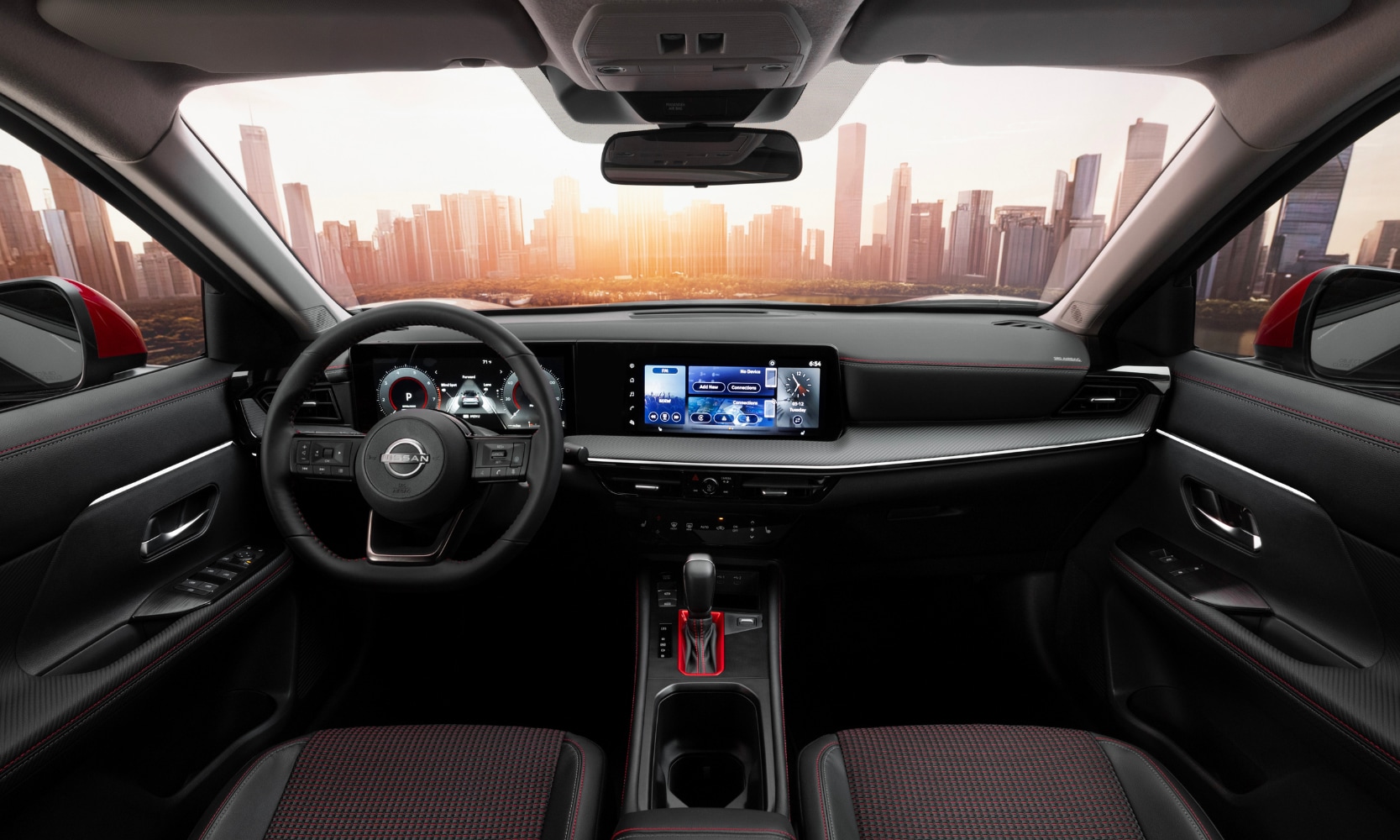 Interior image of a 2025 Nissan Kicks front seating area and dashboard with cityscape views from the windshield