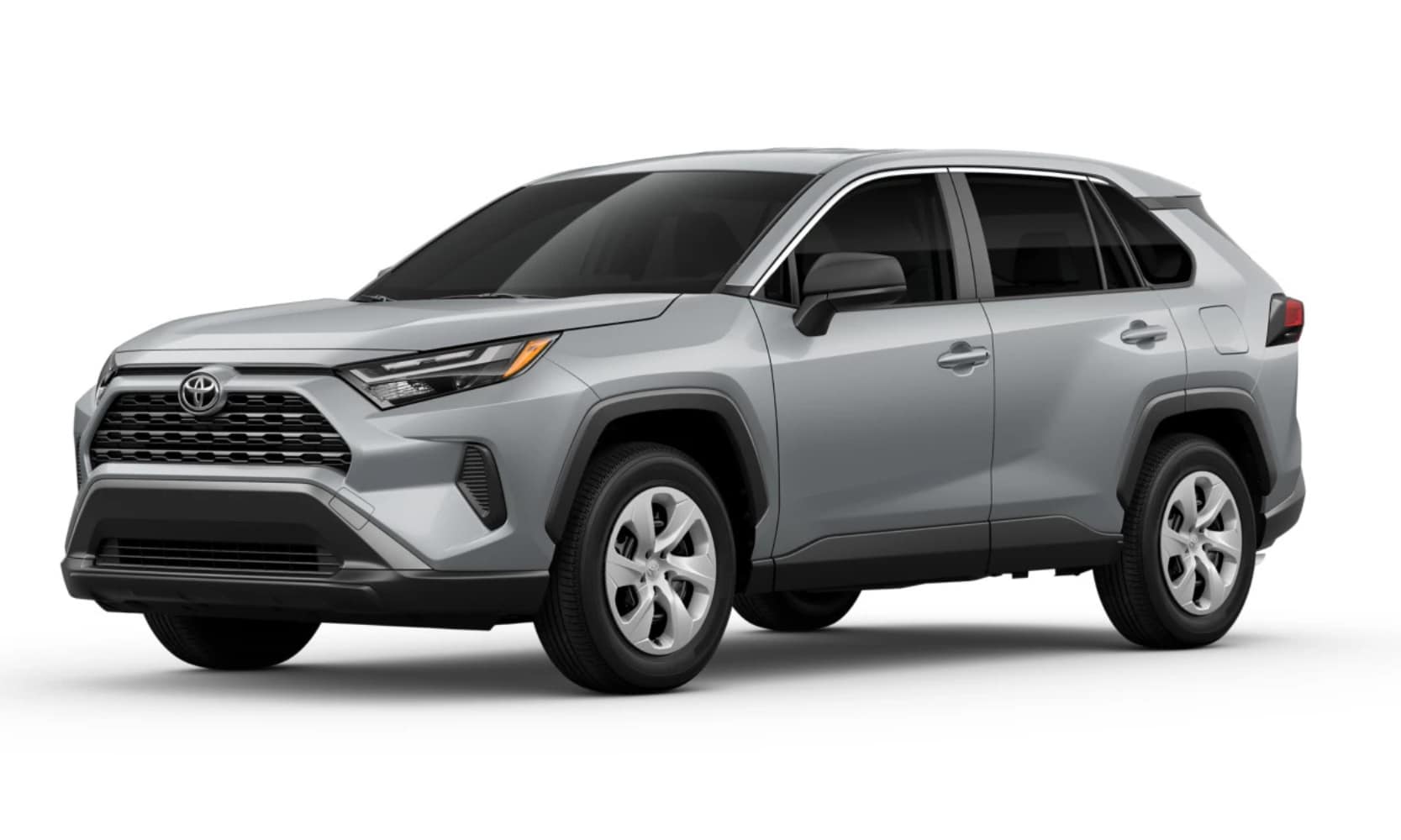 Exterior image of a light gray 2025 Toyota RAV4 LE on a white background