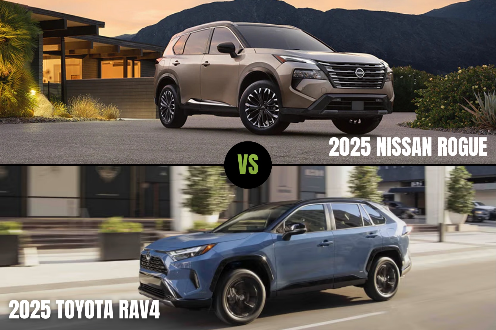 A side-by-side comparison graphic of the 2025 Nissan Rogue vs. Toyota RAV4