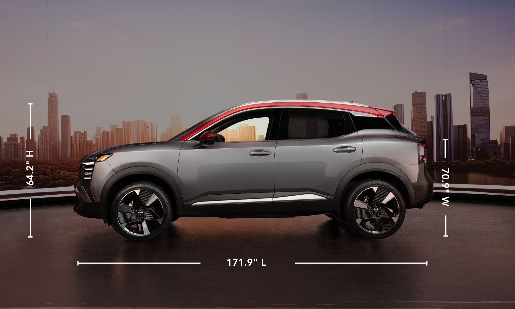 A graphic image of the 2025 Nissan Kicks exterior dimensions with a cityscape background
