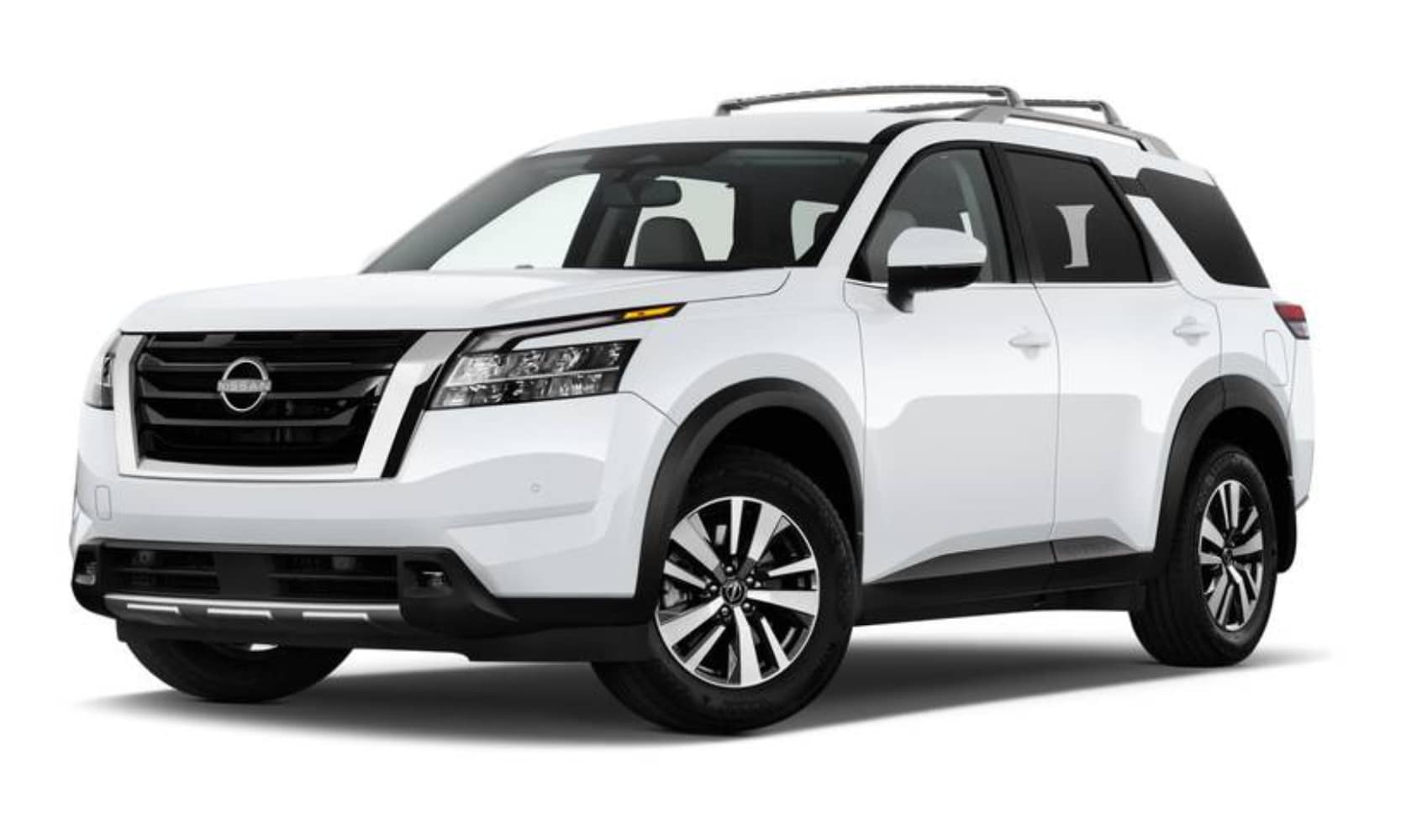 Exterior front angle image of a white 2024 Nissan Pathfinder S parked on a white background