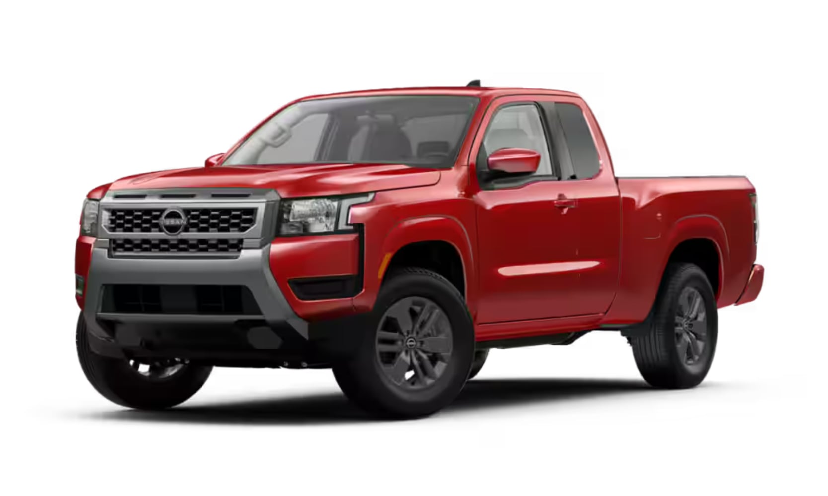 Exterior side angled image of a red 2025 Nissan Frontier SV parked on a white background