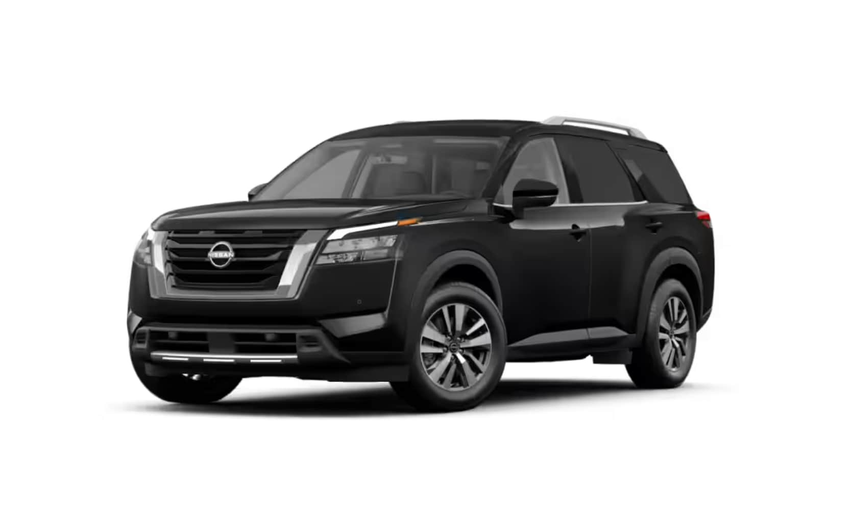 Exterior front image of a black 2025 Nissan Pathfinder SL parked on a white background