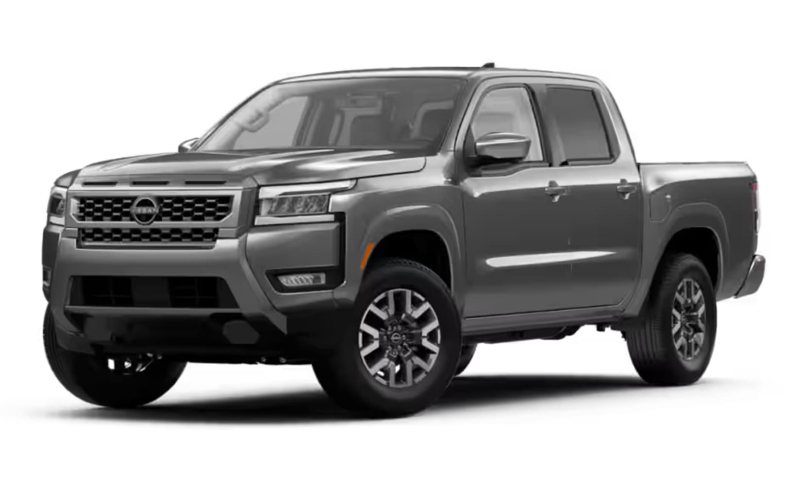 Exterior side angled image of a gray 2025 Nissan Frontier SL parked on a white background